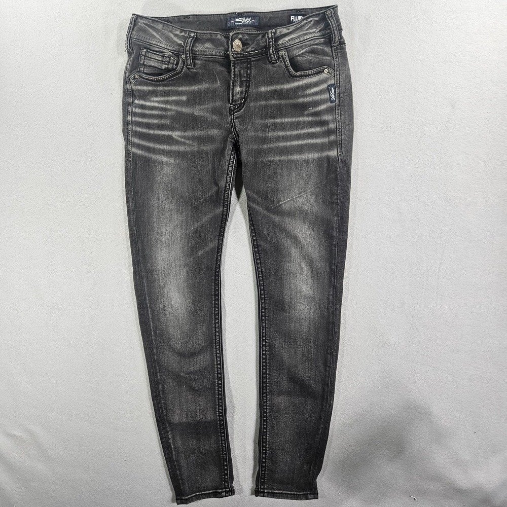 Silver Jeans Co Suki Mid Skinny Women's 30x31 Gray Whiskered Stretch Denim Jeans